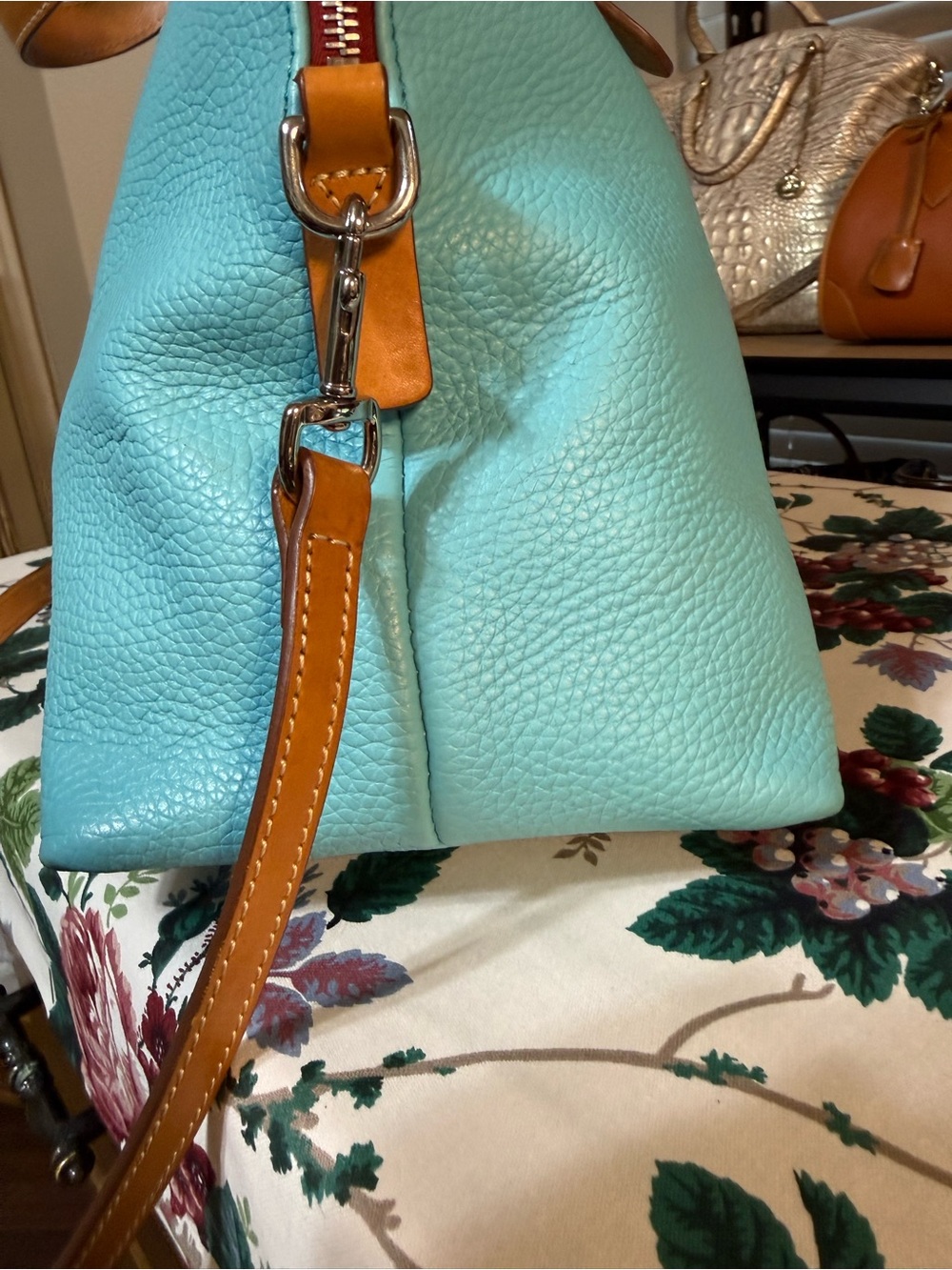 Dooney & Bourke Turquoise (Calypso) Audrey Pebbled Leather Satchel with Tan Trim - Picture 5 of 11